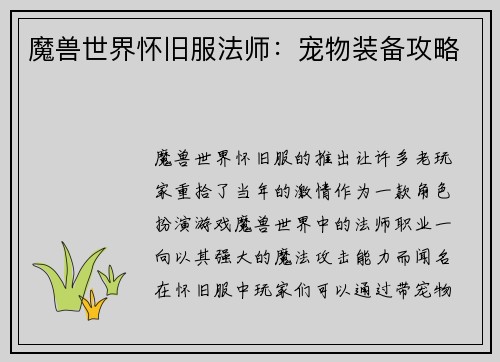 魔兽世界怀旧服法师：宠物装备攻略