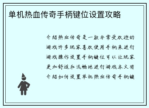 单机热血传奇手柄键位设置攻略