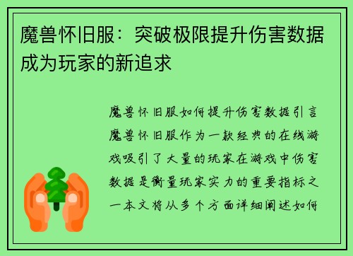 魔兽怀旧服：突破极限提升伤害数据成为玩家的新追求